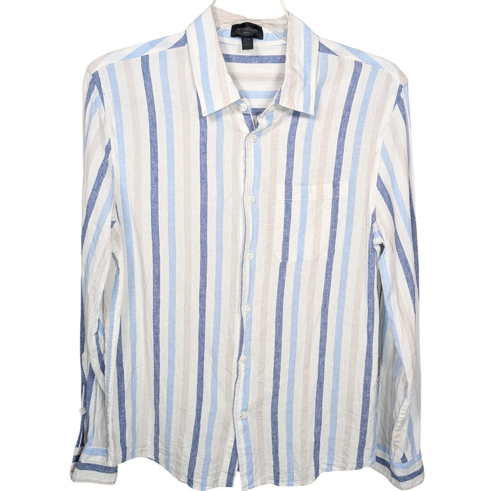 Magaschoni Man Striped Linen Long Sleeve Tab Adjustable Button Down Shirt M - Picture 2 of 7